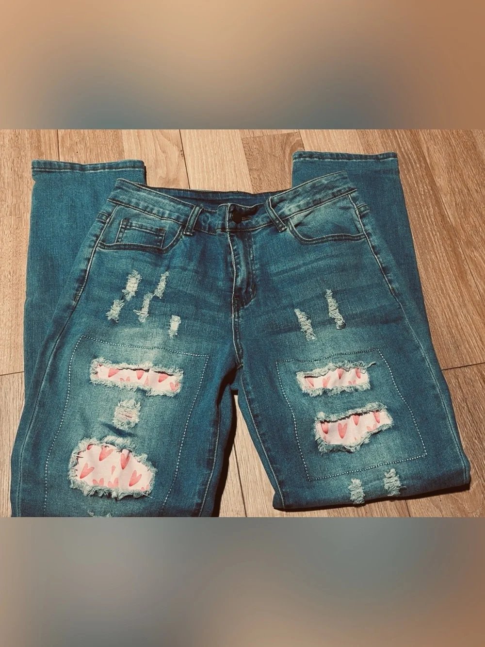 Distressed Ankle Jeans with Pink Heart Patch